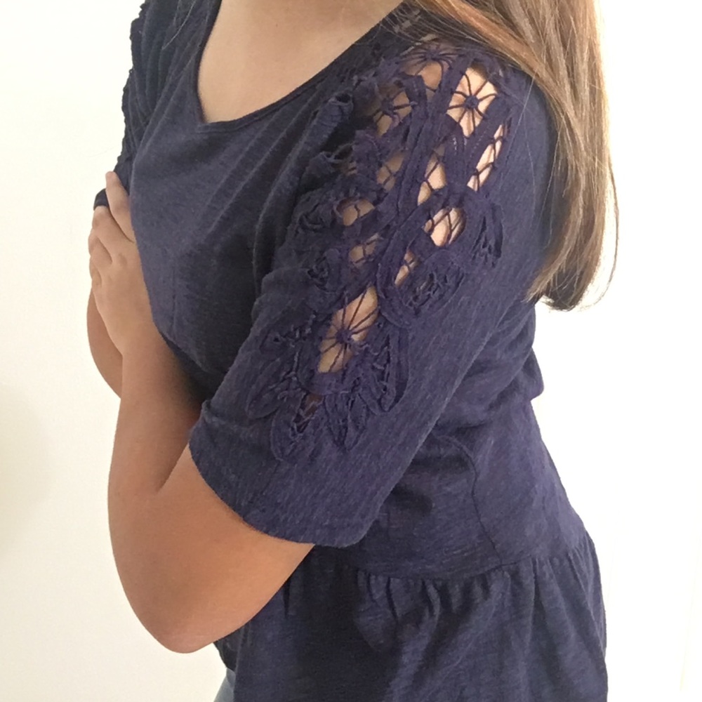 Navy Blue Lace Shoulder Shirt - 3/4 Sleeve Length